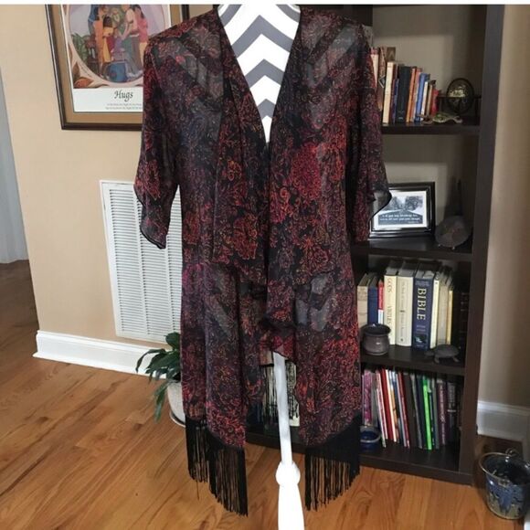 Lularoe Small Sheer Jacket With Fringe Black, Red, Gold, Blue - Picture 3 of 5